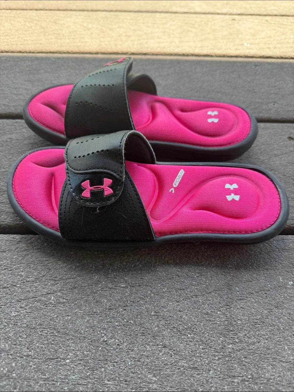 Under Armour Kids Black Slides with Bright Pink Footbed